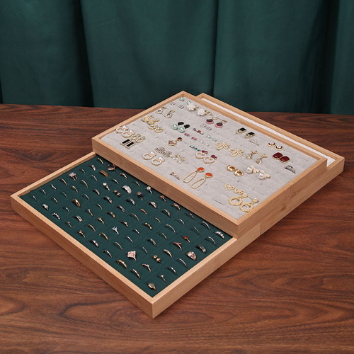 Bamboo Wood Velvet Cloth Hundred-Ring Display Tray Earring Pair Ring Hoop Storage Organizer Box Jewelry and Accessories Live Streaming Tray