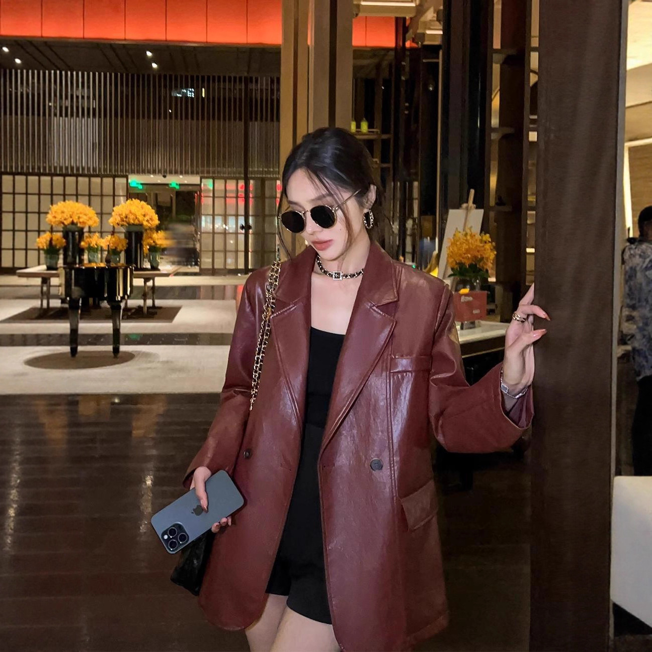 Angola Red Retro Pu Leather Suit Jacket for Women, New Loose Hong Kong Style Leather Coat for Spring and Autumn