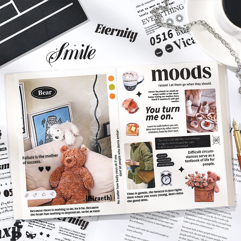 Impresión creativa Pegatinas de pet transparentes a prueba de agua Pegatinas de diario de bricolaje Pegatinas de letras negras en inglés transfronterizo