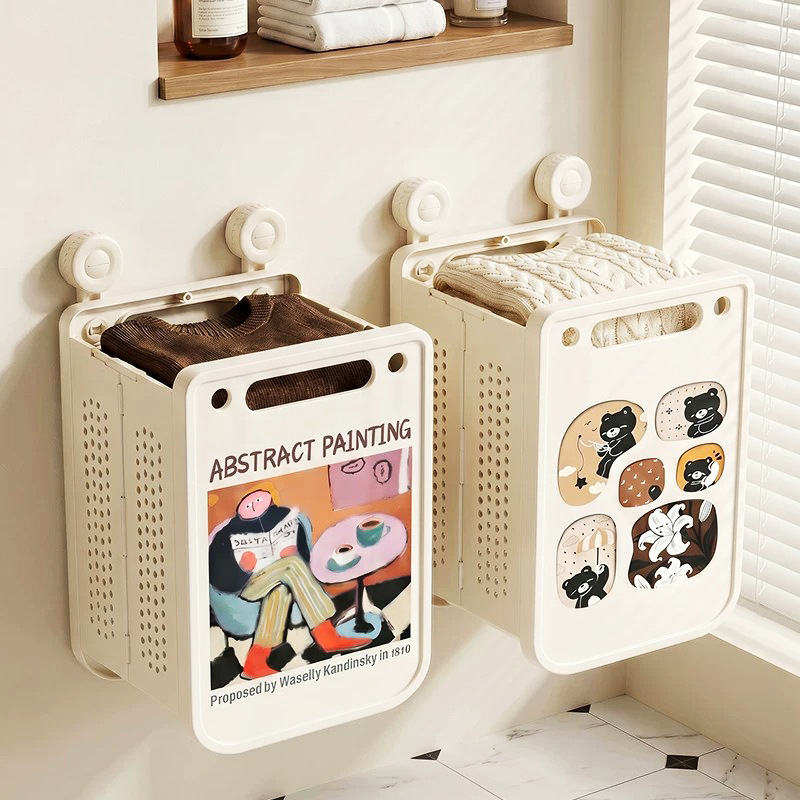 Suction cup wall-mounted foldable dirty clothes basket, high aesthetic value, large capacity laundry basket, storage basket, clothes storage bin Suction cup wall-mounted foldable dirty clothes basket, high aesthetic value, large capacity laundry basket, storage basket, clothes storage bin