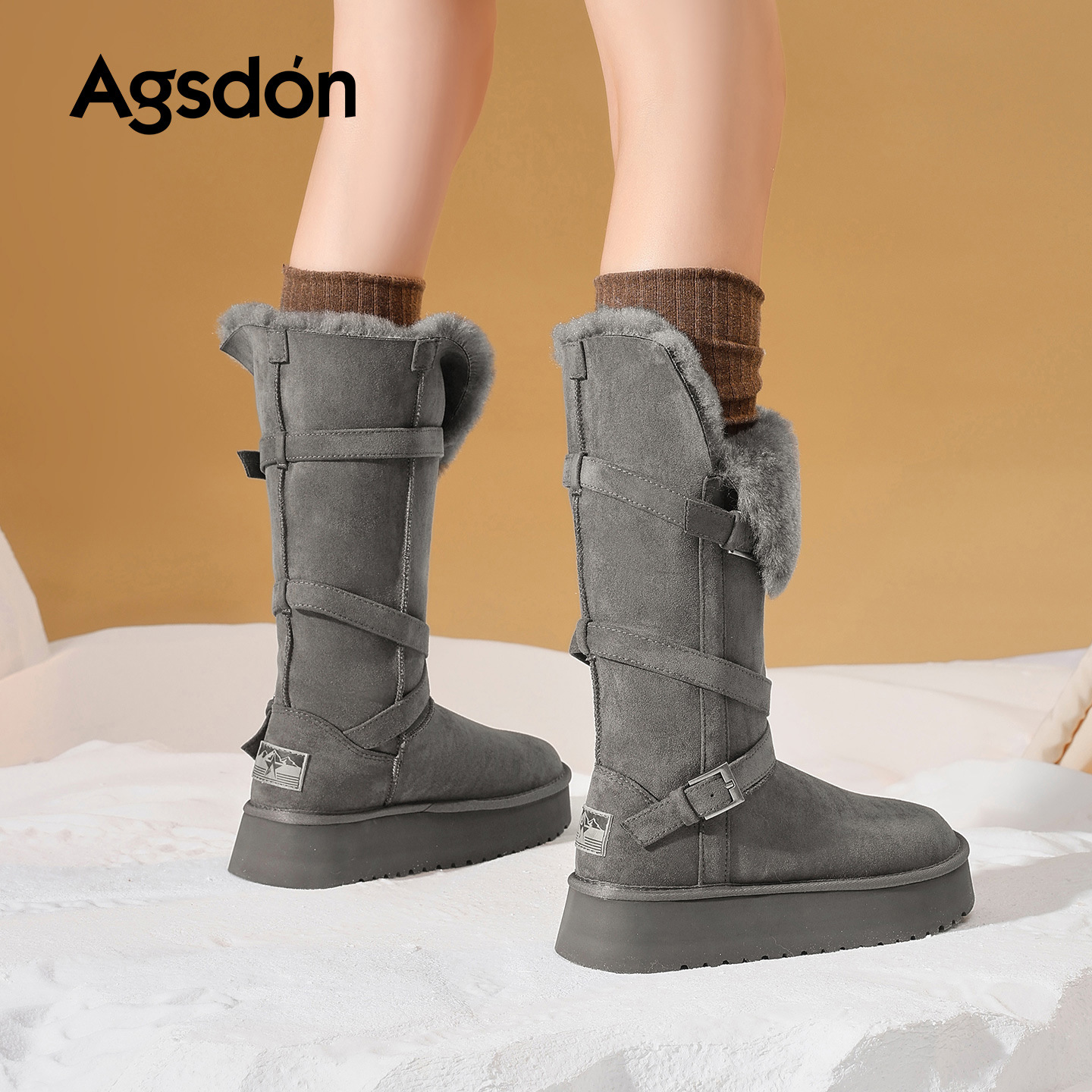 Botas de nieve gris gruesas de fondo de Augu Shi Deng mujeres 2025 invierno nuevo botas de algodón de pelusa botas de pelusa