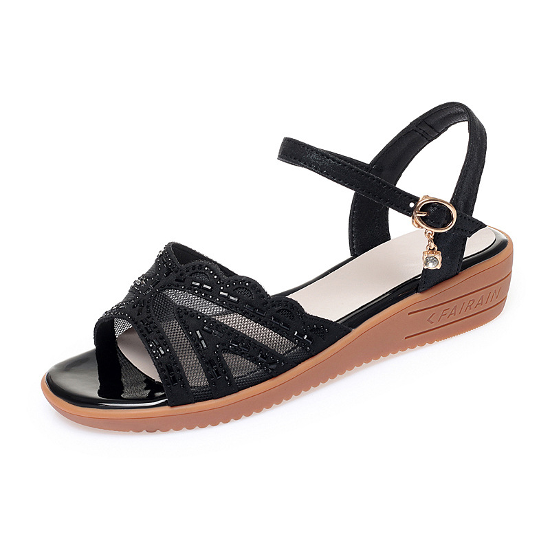 Sandal đế xuồng nữ da thật mùa hè, đế mềm êm chân, size lớn — đen