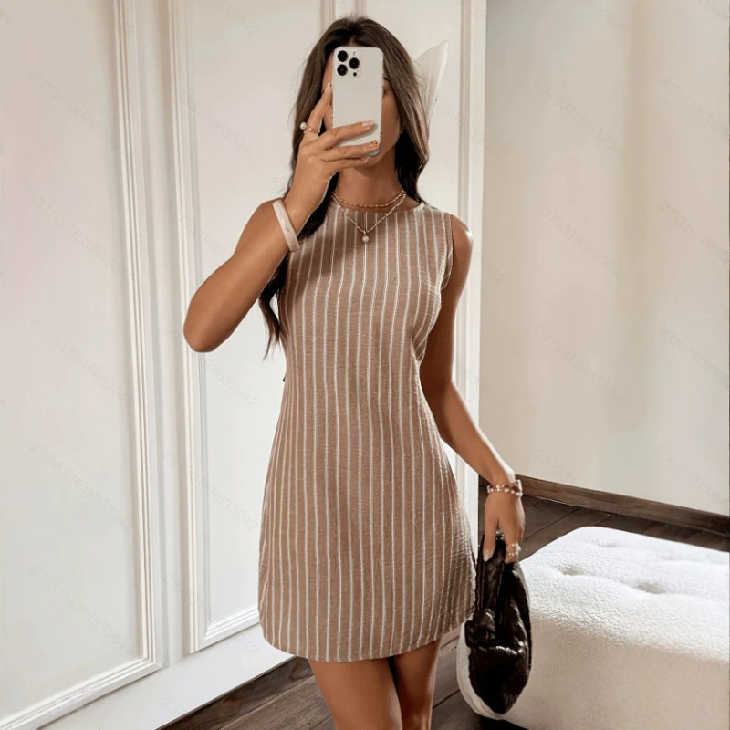 Cross-Border Amazon Sleeveless Dress, Brown Short Skirt, Vacation Style, Slim Fit, Waist-Cinching Cross-Border Amazon Sleeveless Dress, Brown Short Skirt, Vacation Style, Slim Fit, Waist-Cinching