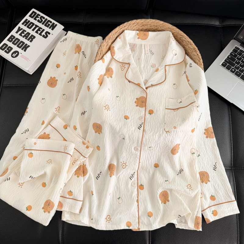 Al por mayor transfronterizo 2026 nuevo pijama de mujer nubes de algodón pantalones de manga larga cardigan con solapa de dibujos animados ropa para el hogar se puede usar fuera