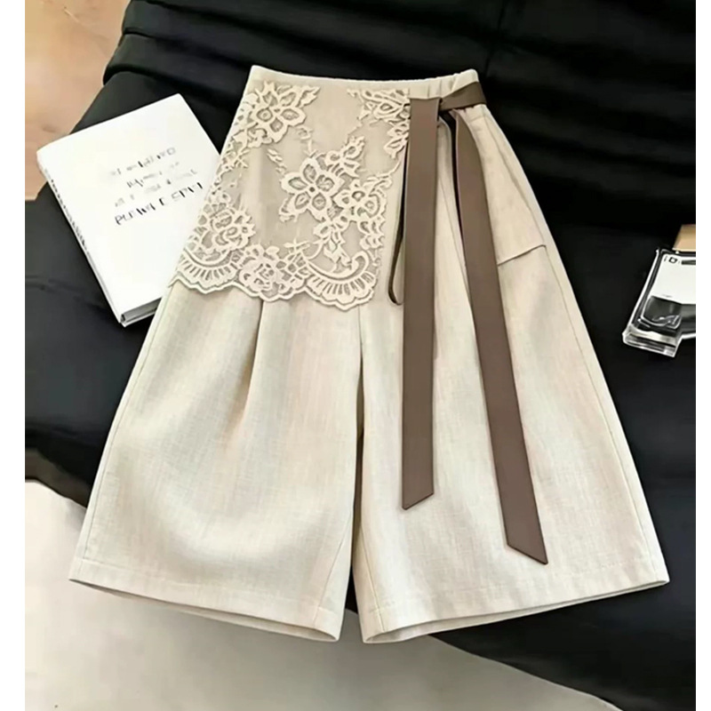 Raw Hemp Color Lace Splicing Faux Two-Piece Shorts for Women, 2026 Summer New Style, Slimming, Fashionable Wide-Leg Straight Pants, Mid-Length Pants