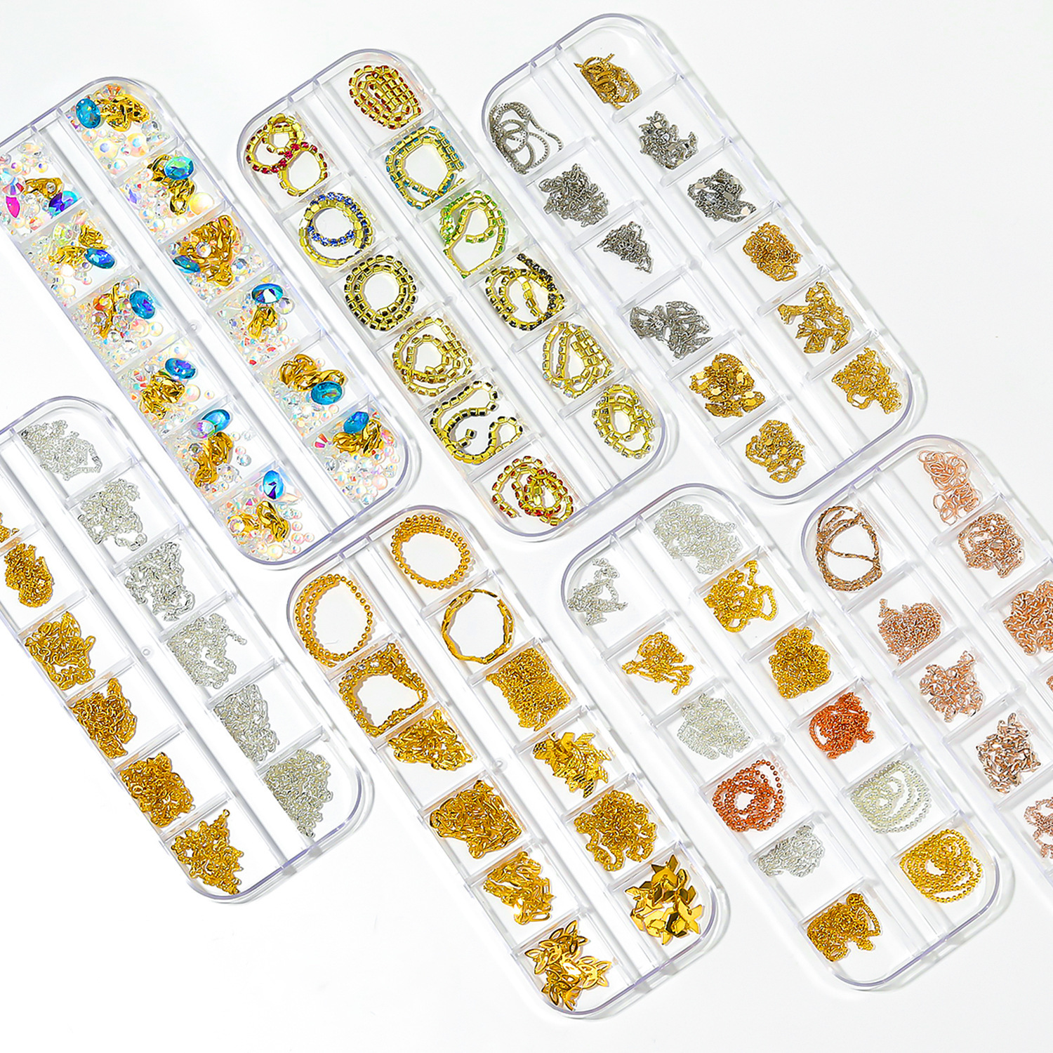 Nueva Venta caliente joyería de uñas ins pequeña cadena 12 en caja de oro y plata cuentas de acero DIY decorativo pegatinas de uñas cadena de metal