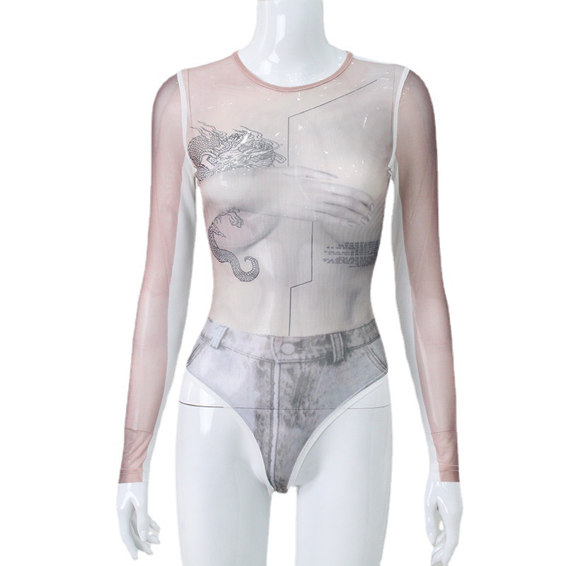 Venta caliente transfronteriza europea y americana ropa de mujer malla sexy perspectiva personalidad impresión tendencia de la moda delgada chica caliente mono mujer image 6