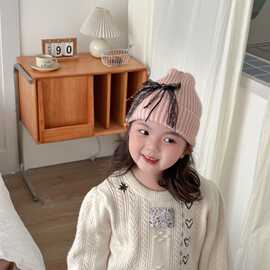 2025年新款豹纹蝴蝶蕾丝花儿童保暖毛线帽
