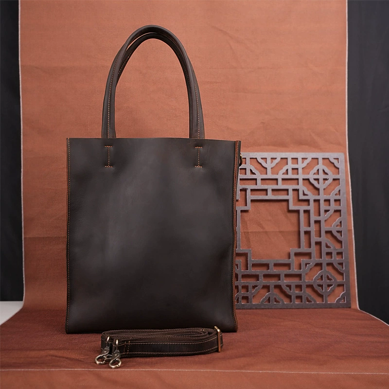 Capacious one-shoulder bag, leather handheld retro laptop, business version, cowhide