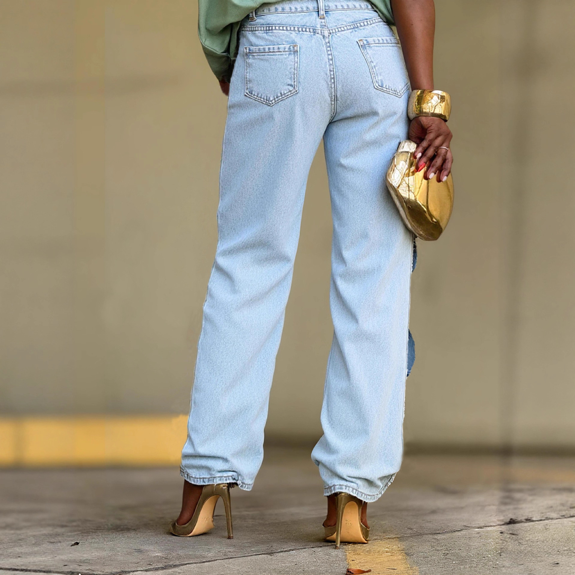 Trendy Distressed Denim Jeans With Braided Twist & Cutout Design - Straight Leg Comfort Fit For Women & Men_ecoleips.com