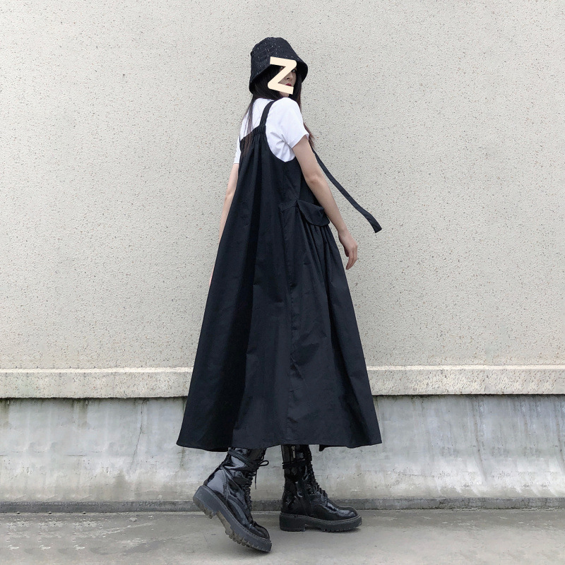 夏季新款赫本风背带连衣裙女学生宽松百搭显瘦中长款吊带裙两件套|undefined