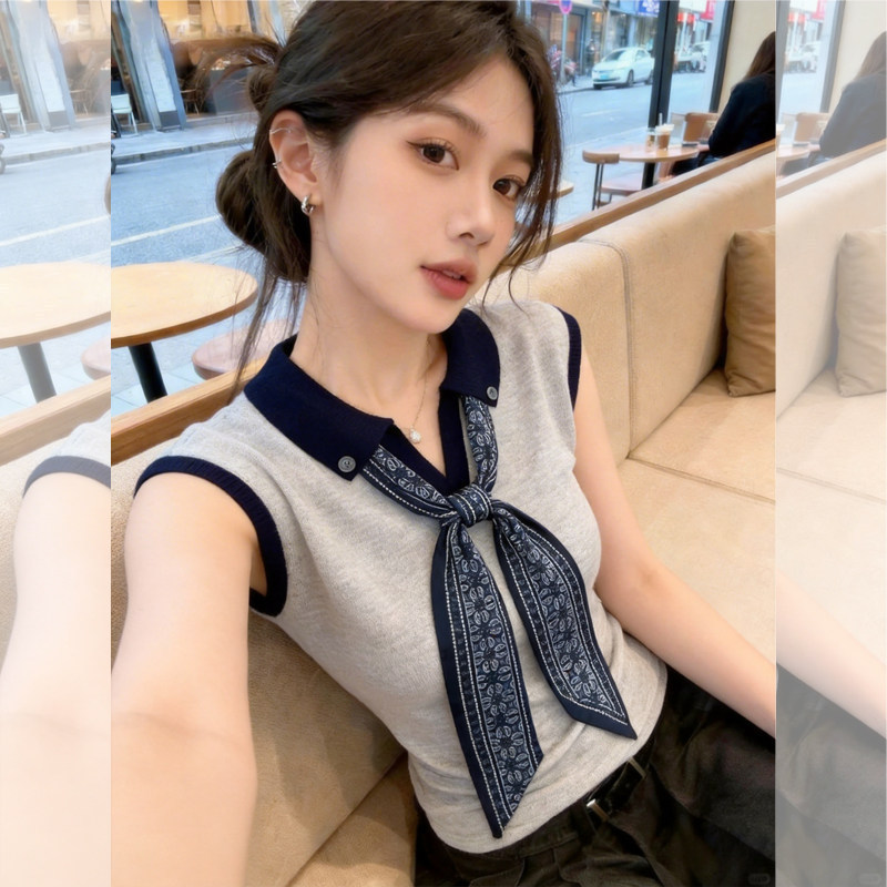 Super stylish women's knitted T-shirt with scarf collar and straight shoulders, 2026 ultra-trendy, age-reducing, summer Korean-style elegant vest top Super stylish women's knitted T-shirt with scarf collar and straight shoulders, 2026 ultra-trendy, age-reducing, summer Korean-style elegant vest top