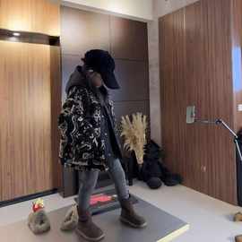 男女童冬季2025新款复古连帽黑色颗粒绒羊羔毛外套中长款保暖棉衣