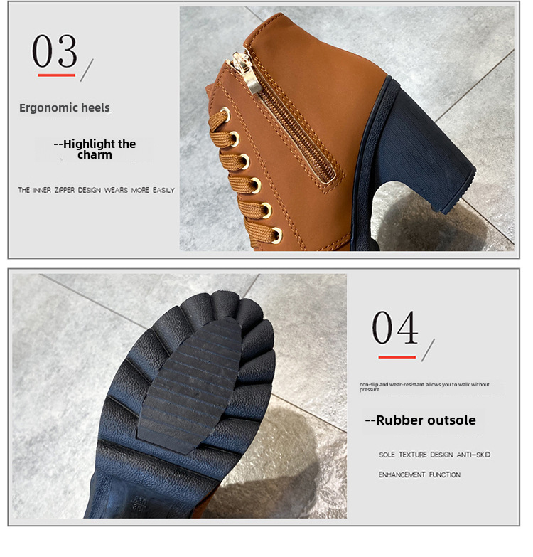 Stivali singoli con tacco alto autunnali, scarpe da donna con fibbia della cintura, stivali corti con tacco spesso, stivali con punta tonda, stivali con lacci e nudi da donna, stivali da cavaliere_voghion.com