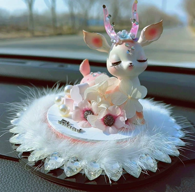 Car ornaments | Car Ornament with a High-End - flower-deer-ornaments-with-mink-fur-diamond-cushion