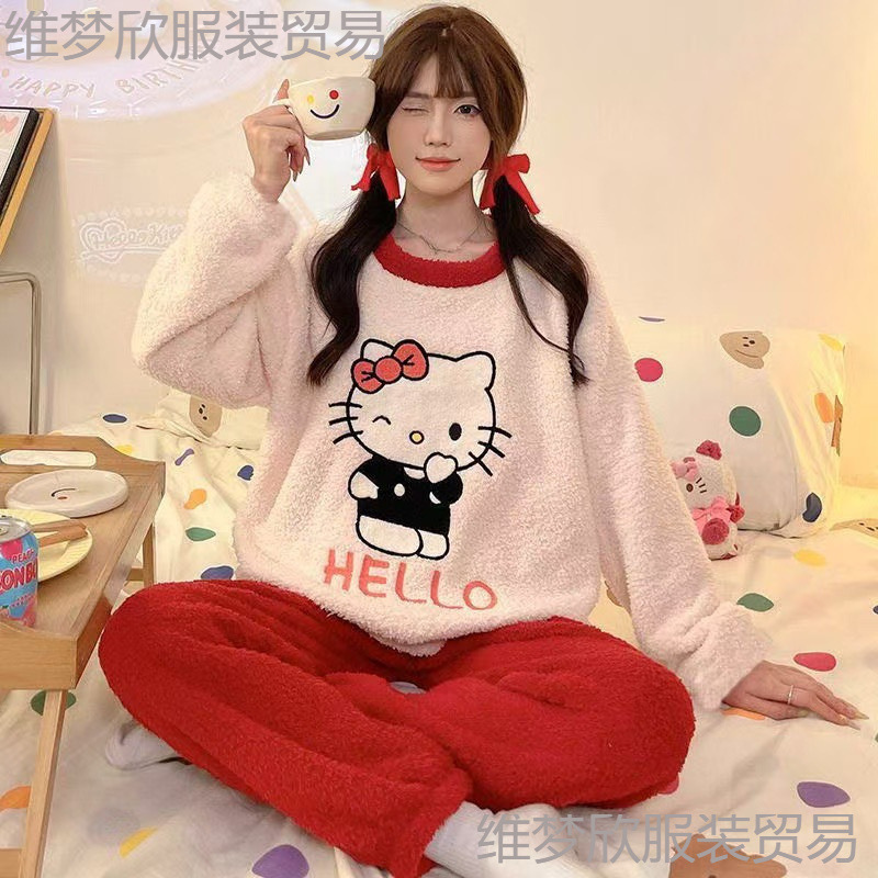 Specially Designed for Export Cartoon Winter Pajamas for Women, Coral Velvet Warm Long-Sleeved Flannel Cute Girl Home Wear Set