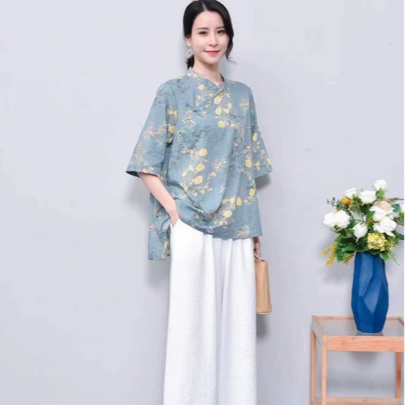 Женский костюм в стиле ретро «Ханьфу» в стиле республики Китай, улучшенный, из хлопка и льна, весенне-летний, топ и брюки, элегантный, новый китайский стиль