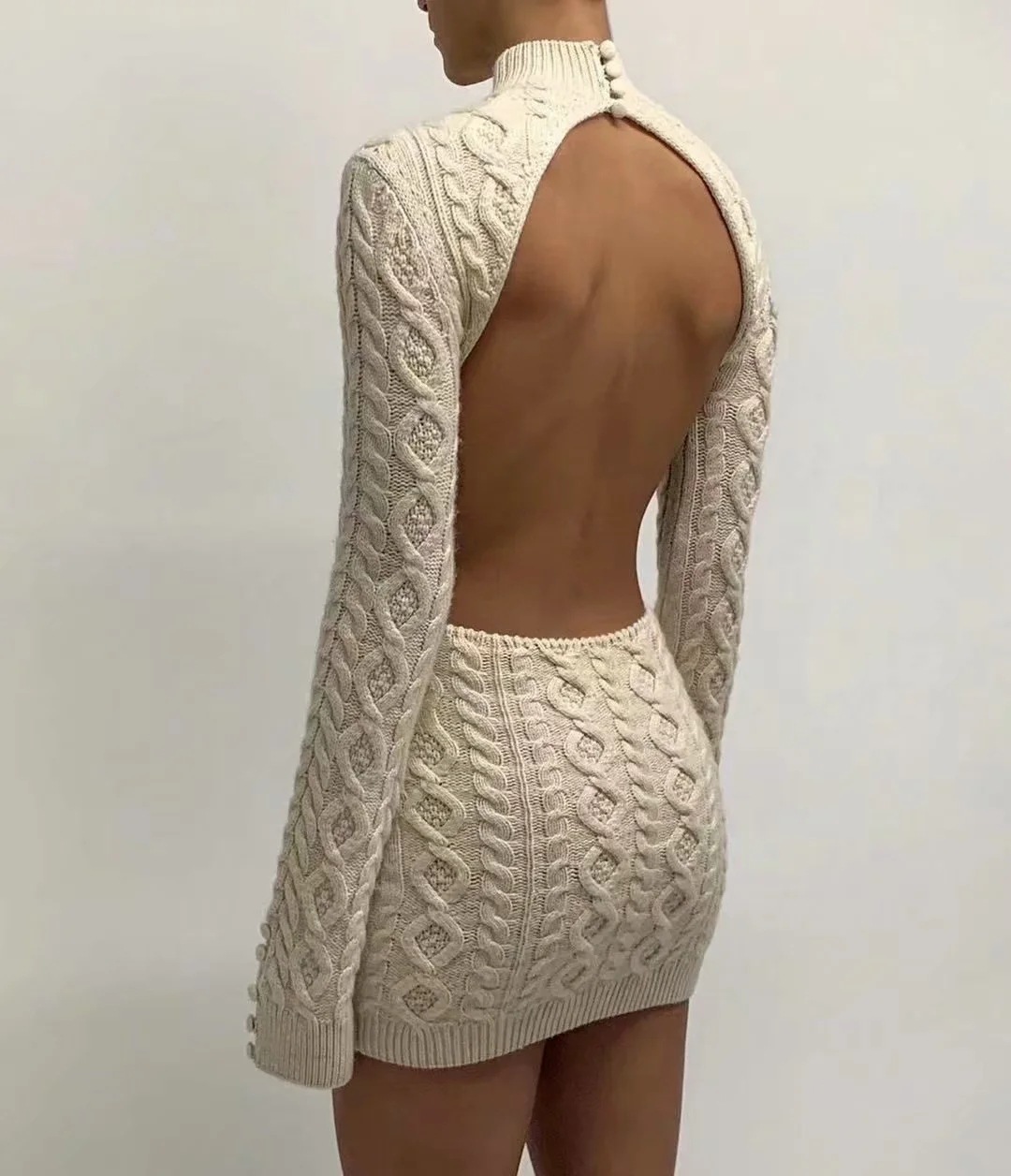 Knitting Sexy Bodycon Solid Backless Full Sleeve Mini Dress ST080012