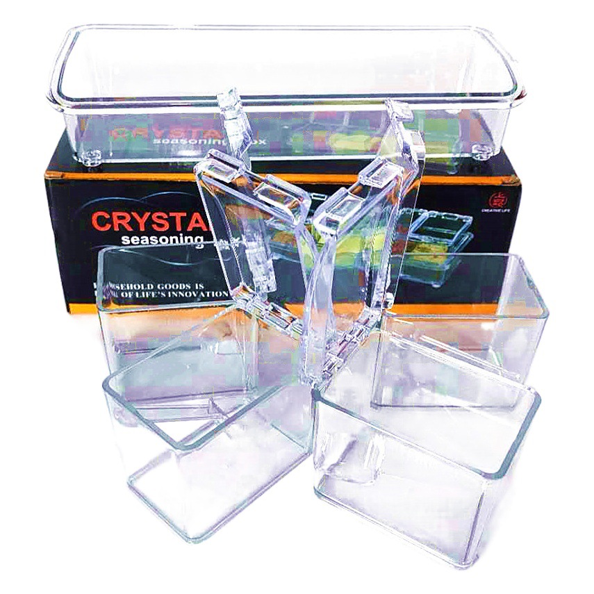 Suministros de cocina caja de condimento transparente caja de condimento de cuatro rejillas tarro de condimento cuatro en uno con traje de cuchara suministro directo de fábrica
