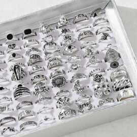 TEMU跨境电商专供饰品时尚百搭复古古银心形戒指混搭随机40套指环