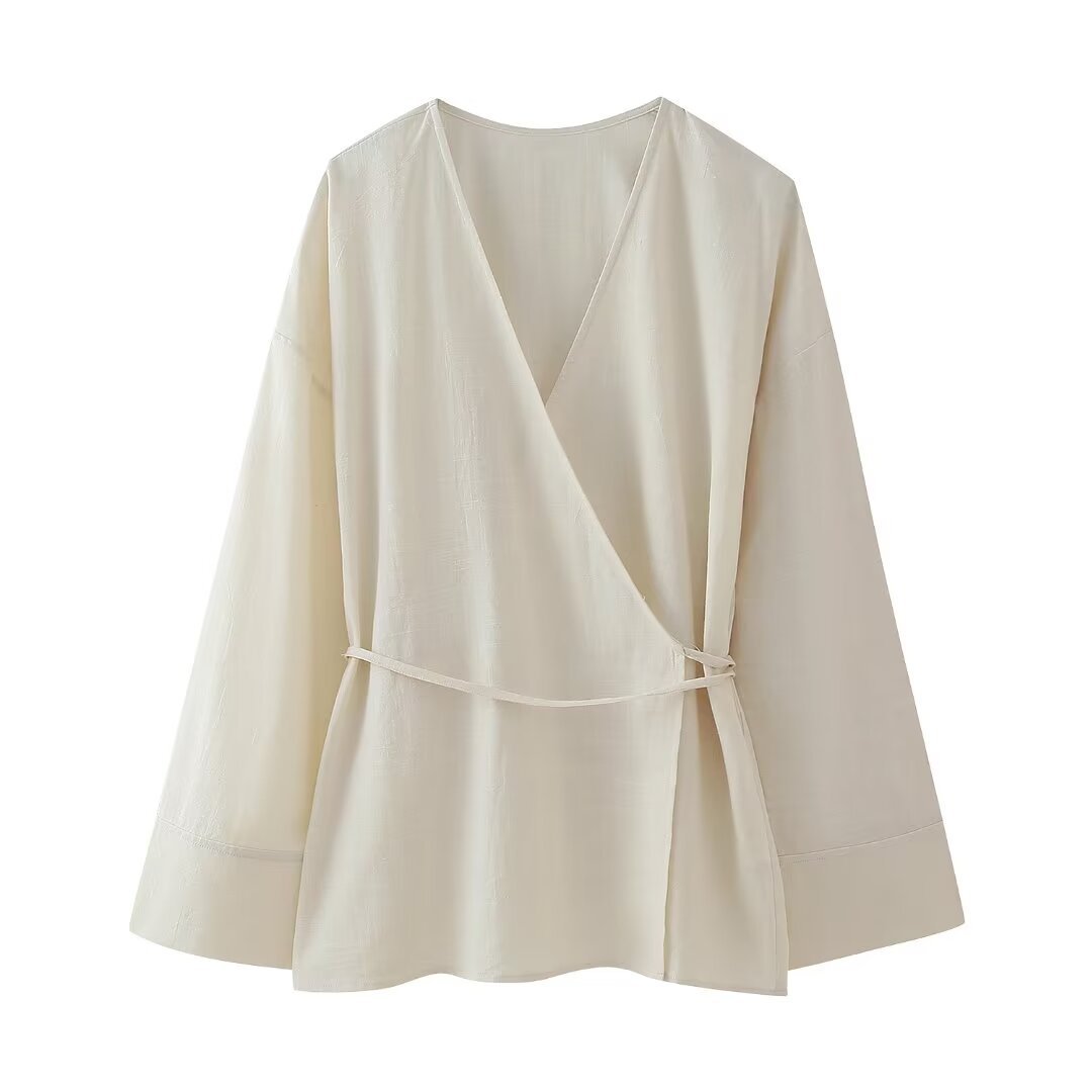 Roupas femininas verão 2024 novo estilo quimono texturizado trespassado conjunto de calças_voghion.com