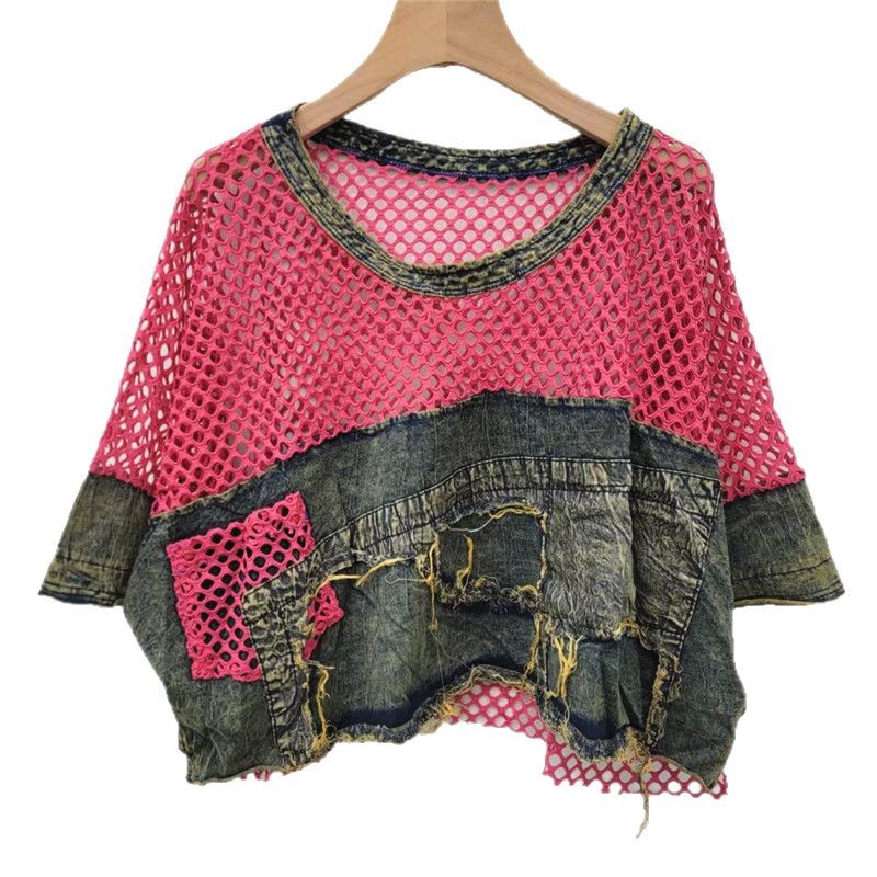 Europa y Estados Unidos diseño de estilo extranjero de verano 2025 nuevo hueco mesh mosaico jeans camiseta de manga corta camiseta