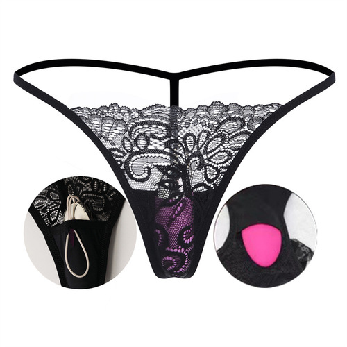 Erotic lingerie: seductive, sexy lace vibrator panties—women's wearable design with built-in vibrator wand, featuring a stylish thong-style crotch.