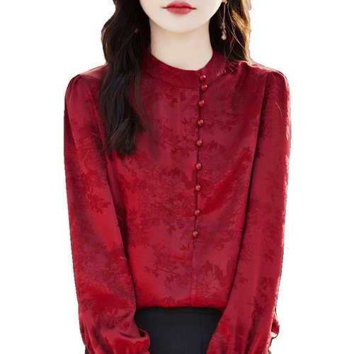 Chinese-style national style women's shirt 2025 spring small standing collar high-end light luxury long-sleeved top blouse small shirt