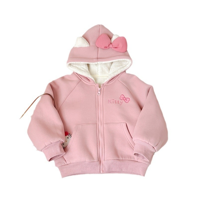 Xianning siete ropa para niños 24 invierno nuevo abrigo para niños niñas lindo ktcat bordado con capucha más chaqueta de suéter de terciopelo