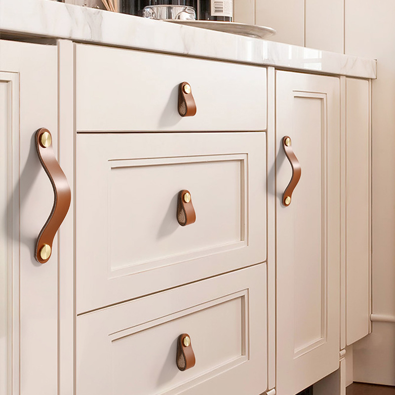 彩色加長加厚純皮質黃銅北歐兒童房防撞拉手櫃門衣櫃抽屜皮革把手