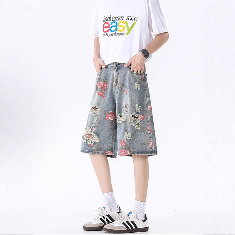 Floral Ripped Denim Shorts Men's Summer Outer Wear Washed Retro Straight Sports Pants Thin Over-The-Knee Five-Sixth Pants