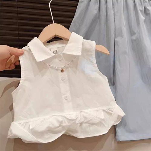 Girls' Little Flying Sleeve Set 2024 Summer New Stylish Design Sensory Sleeveless Cotton Shirt Wide Leg Pants Two-Piece Set