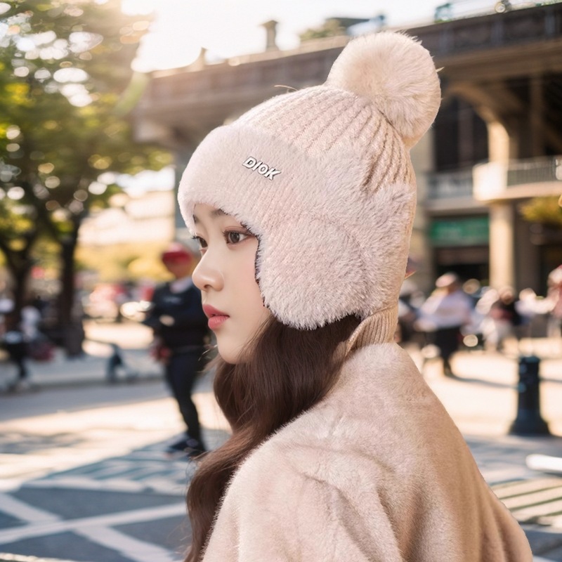 秋冬季女士加绒加厚护耳毛线帽子保暖时尚百搭简约毛球针织帽潮|undefined