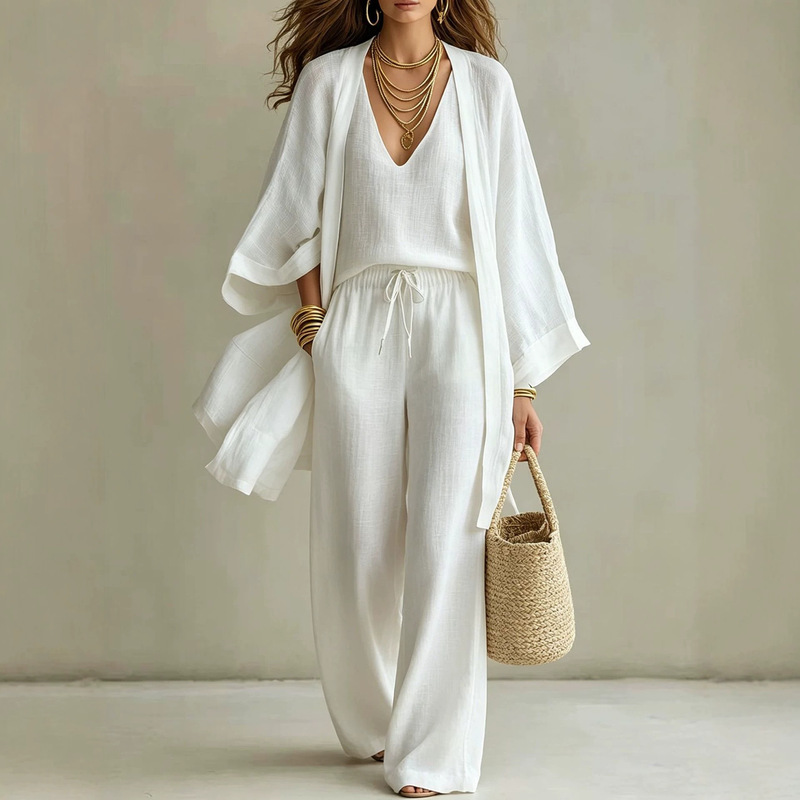 European and American Cross-Border Spring, Autumn, and Summer Loose Cotton and Linen Mid-Length Cardigan, Sleeveless Vest, and Long Pants Casual Three-Piece Set European and American Cross-Border Spring, Autumn, and Summer Loose Cotton and Linen Mid-Length Cardigan, Sleeveless Vest, and Long Pants Casual Three-Piece Set