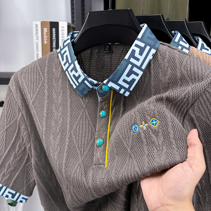 Cross-Border Popular Short-Sleeved T-Shirt Men's Autum Knitwear Embroidered Pattern Color Matching Jacquard Top for Young and Middle-Aged Dads Cross-Border Popular Short-Sleeved T-Shirt Men's Autum Knitwear Embroidered Pattern Color Matching Jacquard Top for Young and Middle-Aged Dads
