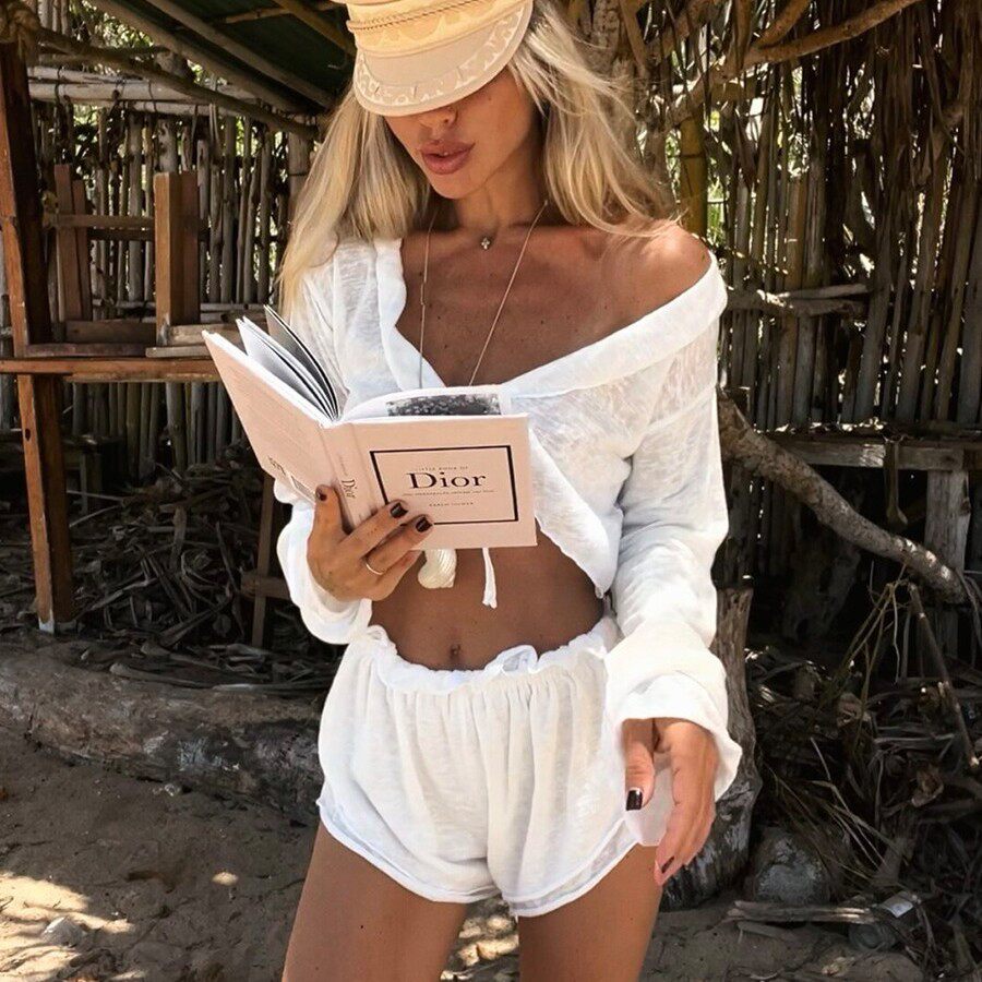 Bộ đồ ngủ nữ áo cardigan thắt dây kèm quần short dệt kim mặc nhà thoải mái — Màu trắng, Màu đen