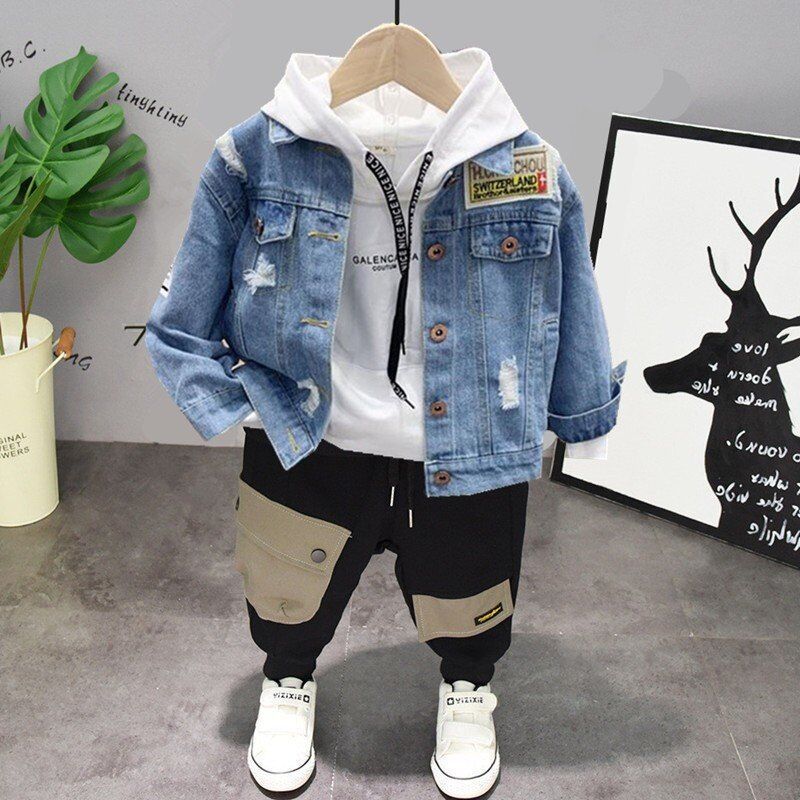 Traje de primavera para niño Traje de bebé de tres piezas de mezclilla atractivo para niño_voghion.com