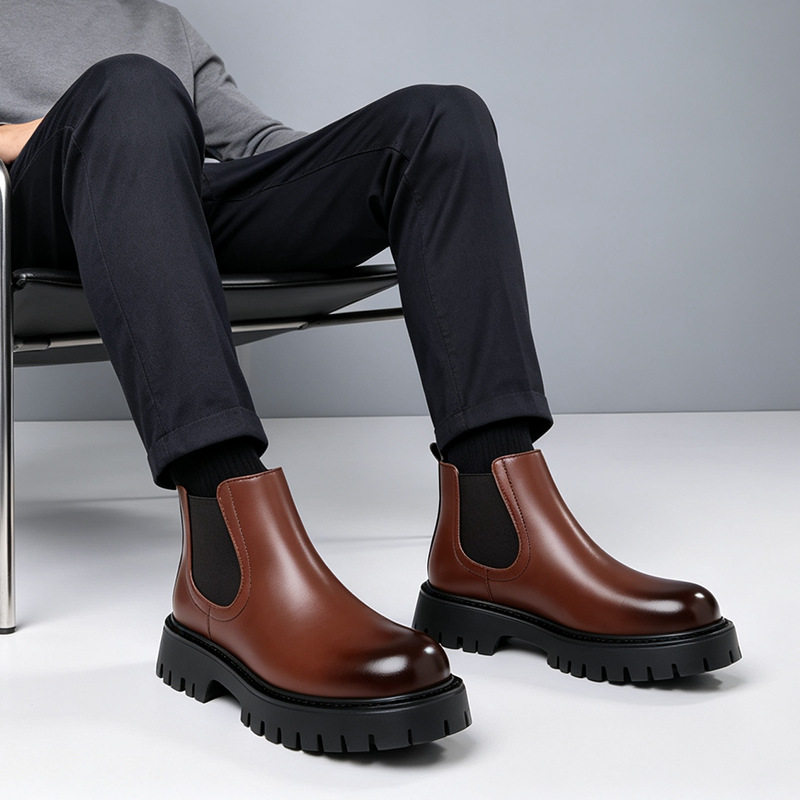 Giày bốt Martin nam cổ cao da lì, kiểu Chelsea, đế thấp 1–3 cm — Da nâu, Da đen