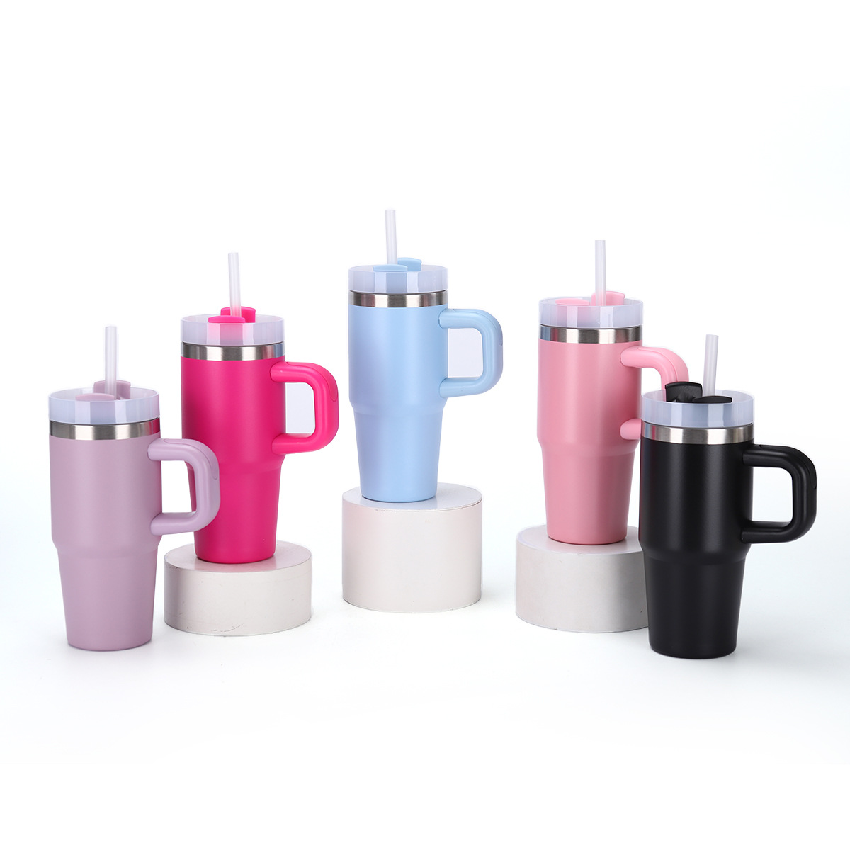 Taza térmica de vacío doble de 14 oz con pajita y asa, para auto image 2