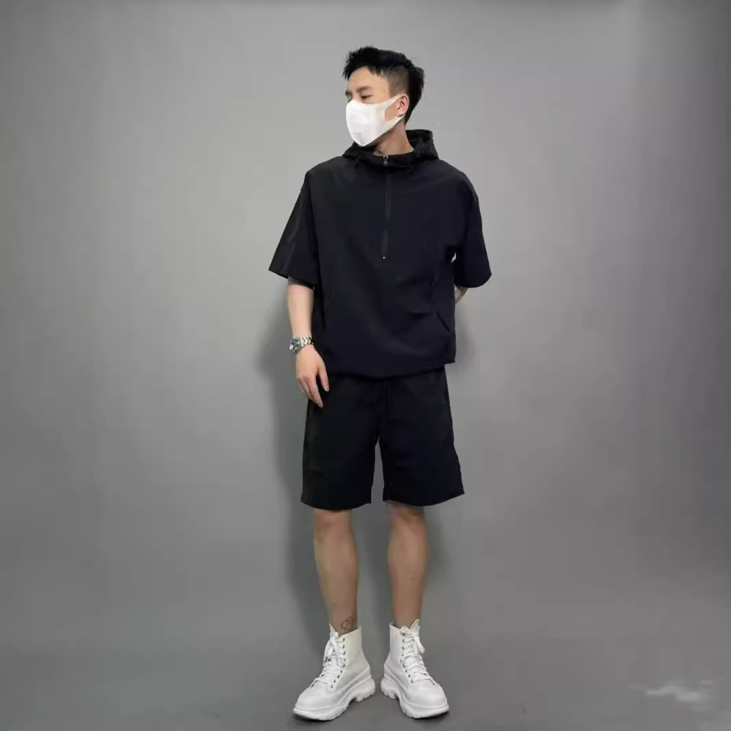 Traje de estilo japonés para hombre de verano, pantalones cortos de manga corta, chaqueta suelta informal, camisa, suéter delgado con capucha