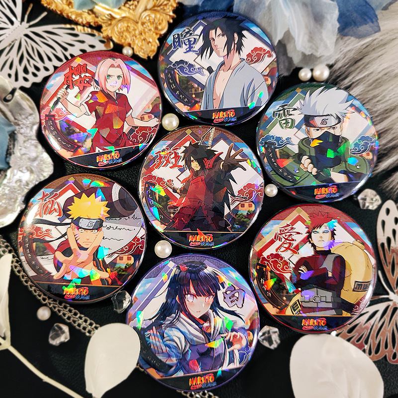 Naruto badges featuring Naruto, Sasuke, Itachi, Madara, and Kakashi. Also includes anime merchandise such as badges, twill badges, and millet brooches.