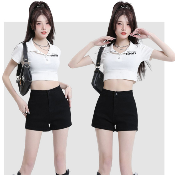 Ins Character Pure Desire Spice Girl Vintage Polo Collar Button Short Sleeve Shoulder T-Shirt Women's Slim-fit Short Cropped Top Women