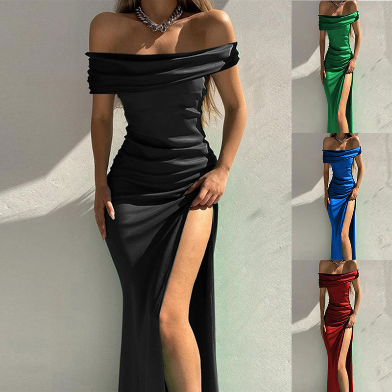 2022 European and American Export New Celebrity Glossy Stretch Dress Pure Color One-Line Collar Dress Sexy Slit Long Skirt