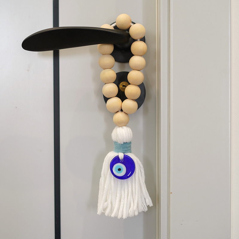 Cross-border foreign trade blue eyes wall decorations wooden beads door handle pendant wool tassel car rearview mirror pendant