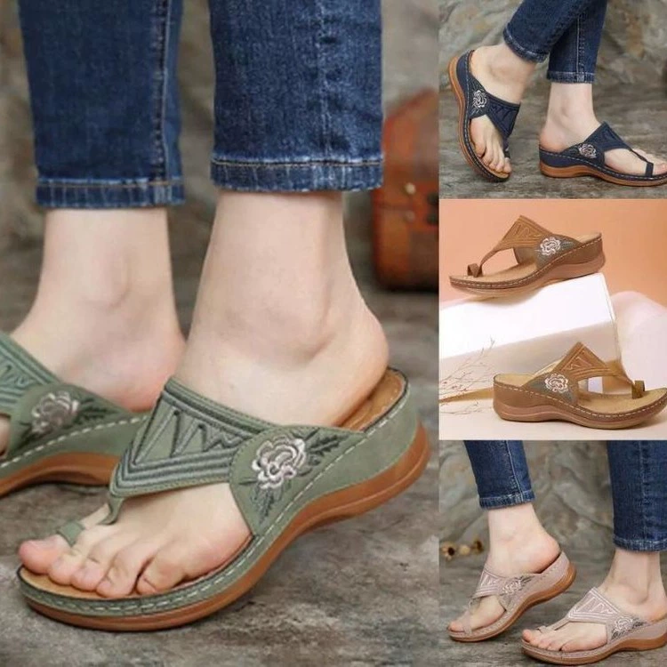 Женские босоножки на танкетке с открытым носком, женская обувь больших размеров для внешней торговли, женские тапочки без шнуровки с вышивкой.