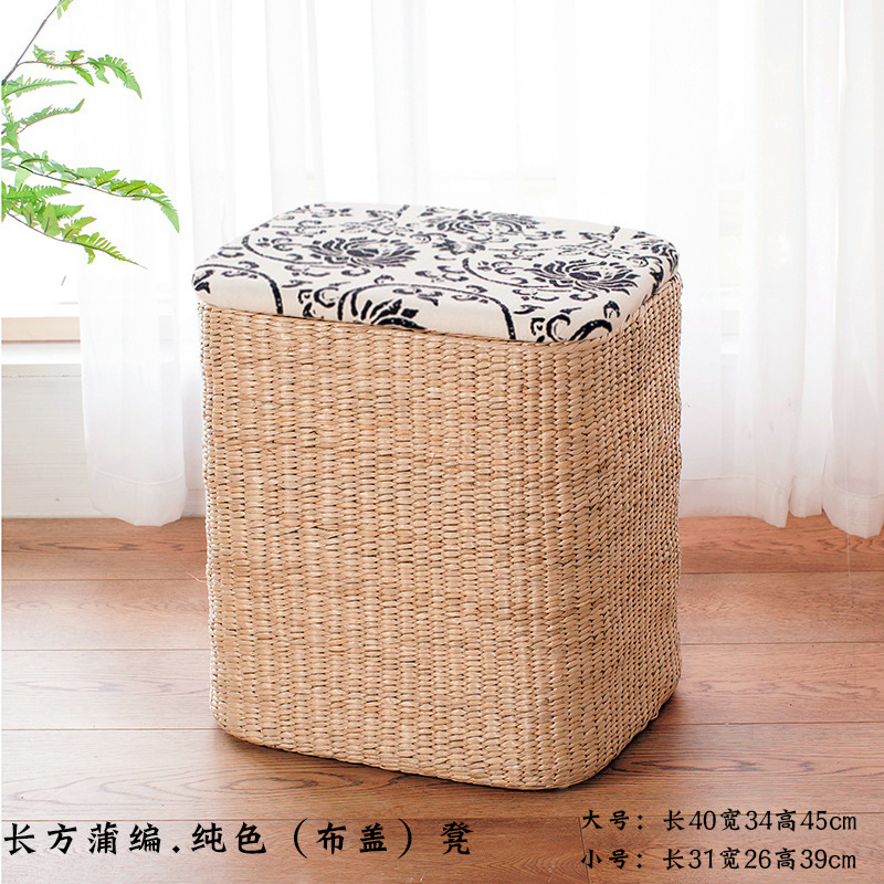 Taburete de almacenamiento de madera maciza tejido de paja Taburete de almacenamiento Taburete de cambio de zapatos tejido de ratán Taburete de maquillaje de sofá puede sentarse personas organizando caja de almacenamiento