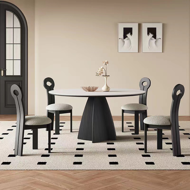 Mesa de comedor de madera maciza francesa doméstica negra minimalista redonda con mesa giratoria italiana moderna simple blanco puro retro tablero de roca redonda