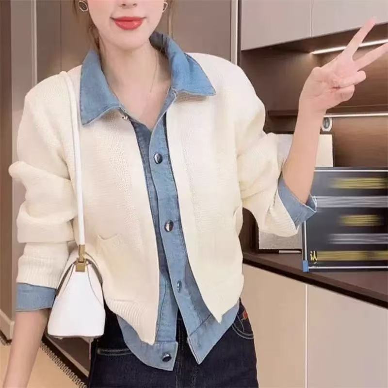 Autumn 2025 New Korean Style Denim Fake Two-Piece Spliced Buttoned Knitted Sweater Casual Trendyy Cardigan Jacket