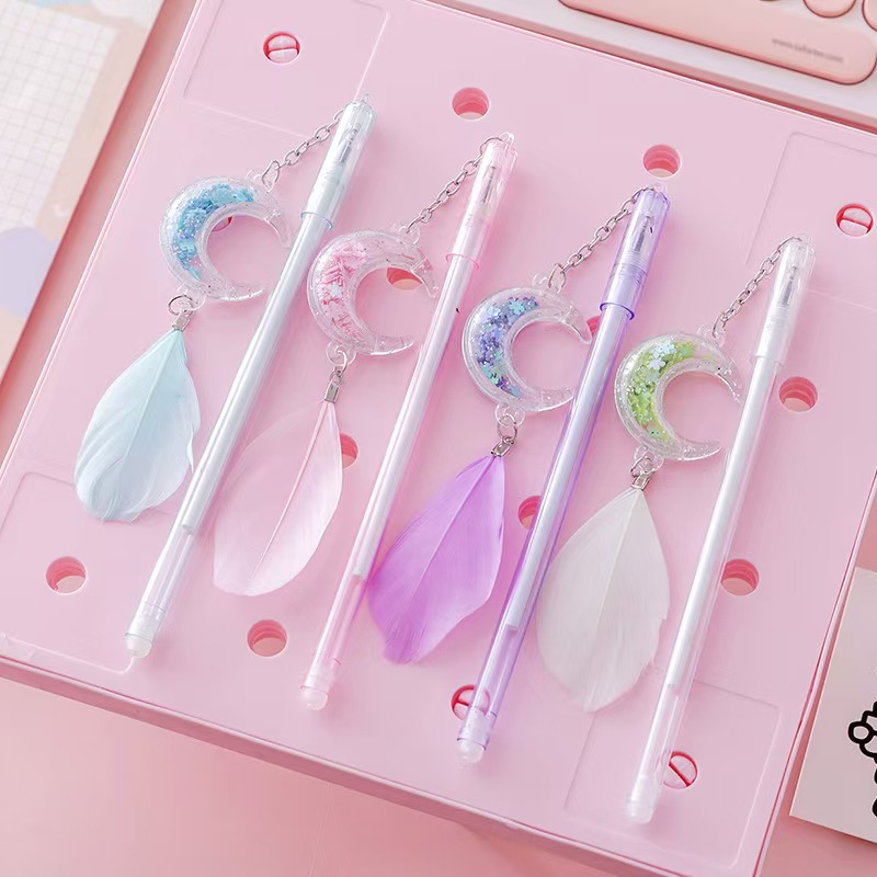 Creative Ins Girly Heart Moon Pendant Gel Pen Cute Sequin Feather Pendant Signature Pen Student Water Pen