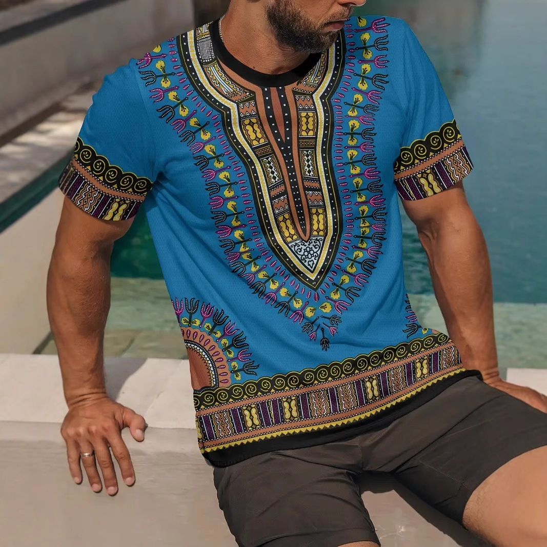 Camiseta de cuello redondo de manga corta de manga corta transpirable suelta casual de hombre con estampado tribal retro clásico con estampado 3D